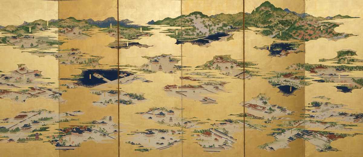 Lot 24 - A TOSA SCHOOL SIX-PANEL BYOBU (FOLDING SCREEN) DEPICTING KYOTO