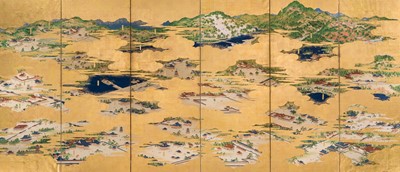 Lot 591 - A TOSA SCHOOL SIX-PANEL BYOBU (FOLDING SCREEN) DEPICTING SCENES IN KYOTO