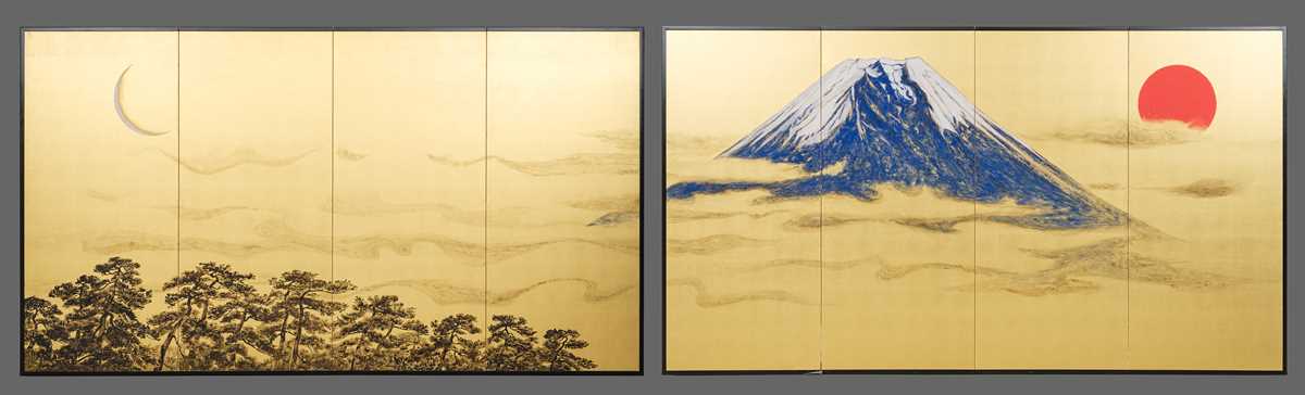 Lot 19 - A PAIR OF FOUR-PANEL BYOBU (FOLDING SCREENS) DEPICTING MOUNT FUJI, A CRESCENT MOON, AND A RISING SUN