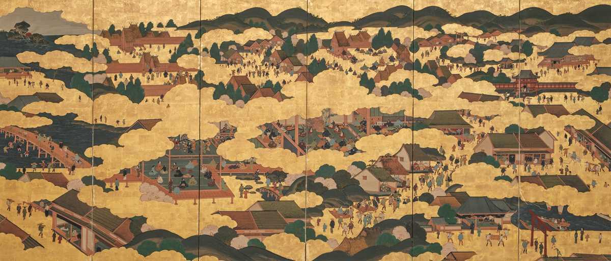 Lot 31 - A TOSA SCHOOL SIX-PANEL BYOBU (FOLDING SCREEN) DEPICTING SCENES AROUND ISE GRAND SHRINE