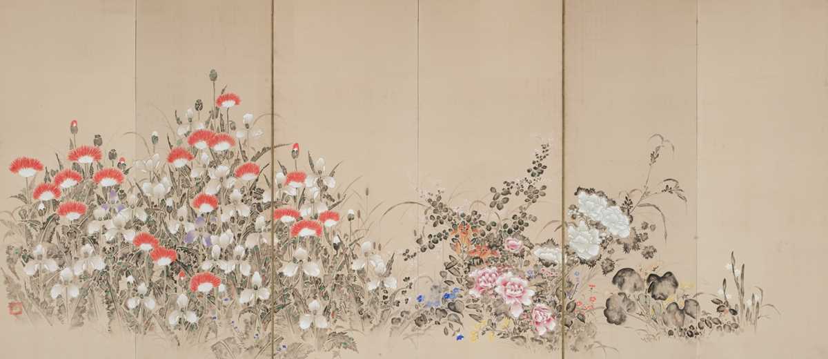 Lot 17 - A SIX-PANEL BYOBU (FOLDING SCREEN) DEPICTING A FLOWER GARDEN