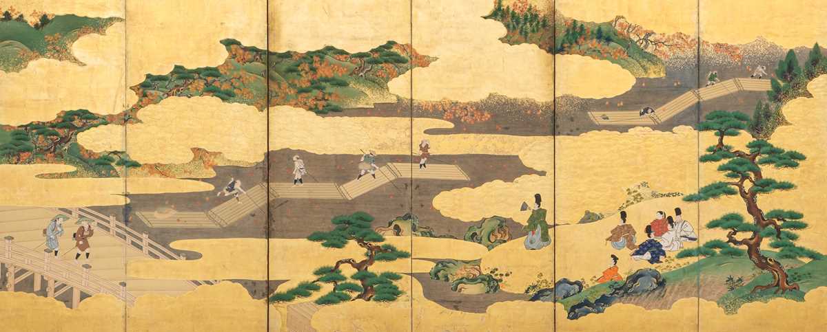 Lot 3 - A FINE SIX-PANEL BYOBU (FOLDING SCREEN) DEPICTING A SCENE FROM THE TALE OF GENJI