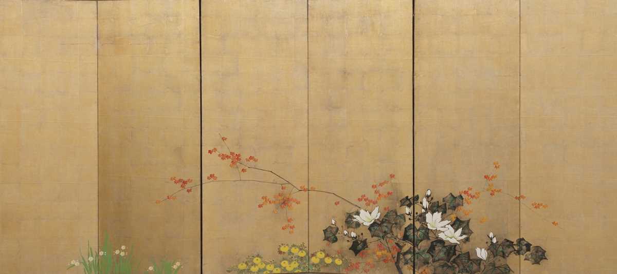 Lot 22 - A RINPA SCHOOL SIX-PANEL BYOBU (FOLDING SCREEN) DEPICTING AN AUTUMN FLOWER GARDEN