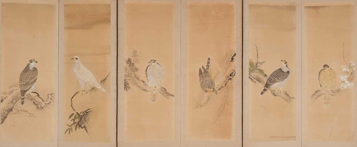 Lot 25 - A SIX-PANEL BYOBU (FOLDING SCREEN) DEPICTING HAWKS IN DIFFERENT SEASONS