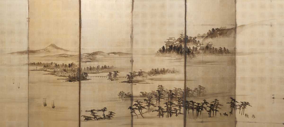 Lot 27 - CHIKUEN: A NANGA SCHOOL SIX-PANEL BYOBU (FOLDING SCREEN) DEPICTING A WATERSCAPE AND MOUNT FUJI