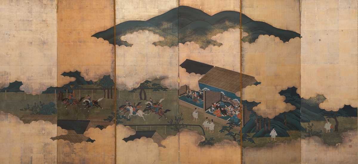 Lot 29 - A TOSA SCHOOL SIX-PANEL BYOBU (FOLDING SCREEN) DEPICTING A HORSE RACE AT KAMO SHRINE