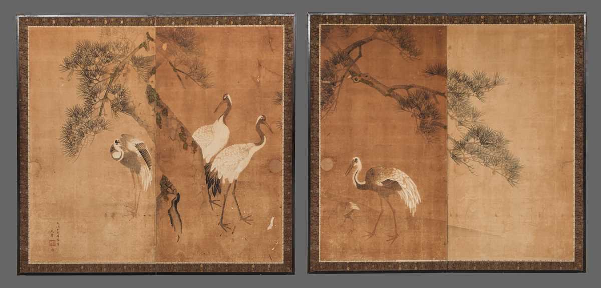 Lot 33 - UTSUMI GENKÔ: A PAIR OF MARUYAMA SCHOOL TWO-PANEL BYOBU (FOLDING SCREENS) WITH CRANES