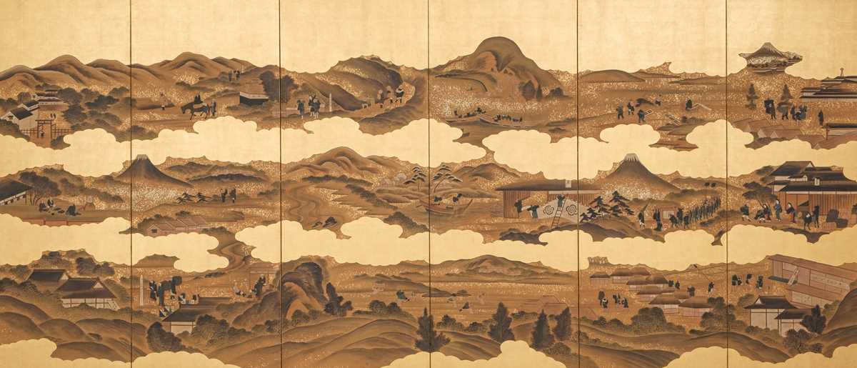 Lot 30 - A TOSA SCHOOL SIX-PANEL BYOBU (FOLDING SCREEN) DEPICTING SCENES ALONG THE GOKAIDÔ