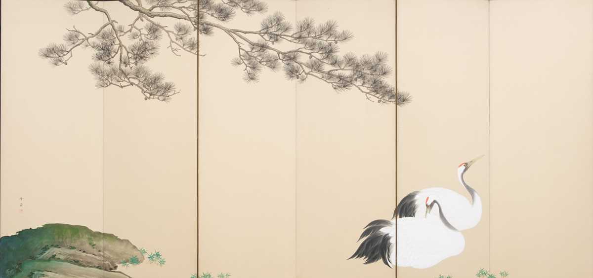 Lot 16 - A SIX-PANEL BYOBU (FOLDING SCREEN) DEPICTING CRANES BELOW A PINE TREE