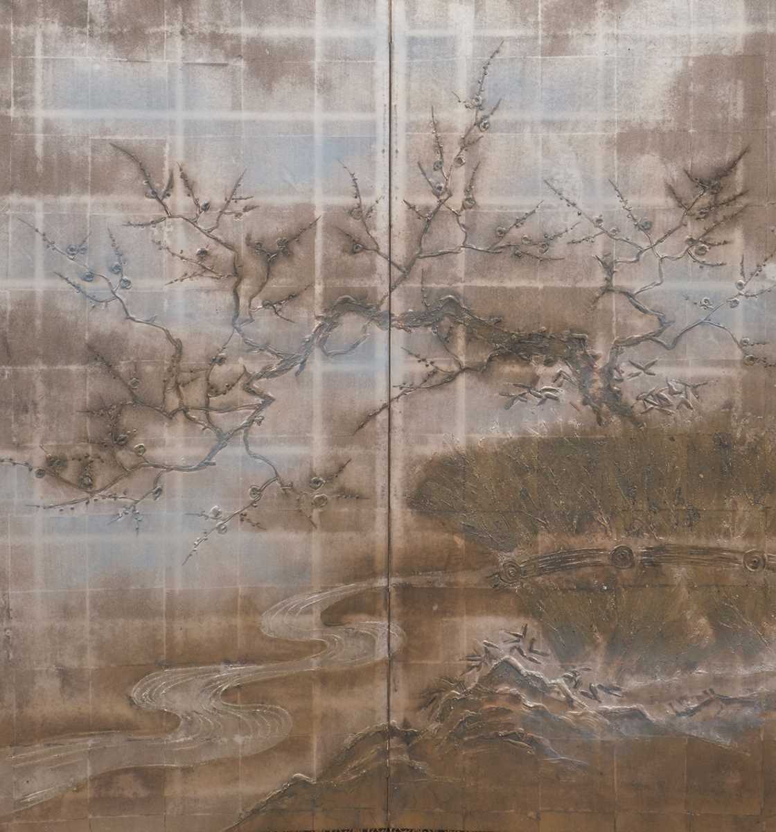 Lot 39 - A RINPA SCHOOL TWO-PANEL BYOBU (FOLDING SCREEN) WITH A PLUM TREE