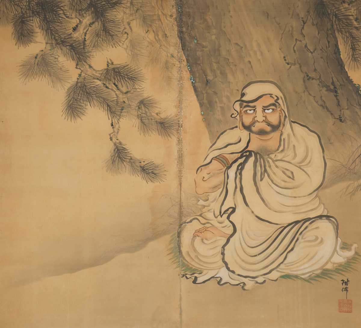 Lot 34 - SHINTANI TESSEN: A TWO-PANEL BYOBU (FOLDING SCREEN) DEPICTING DARUMA