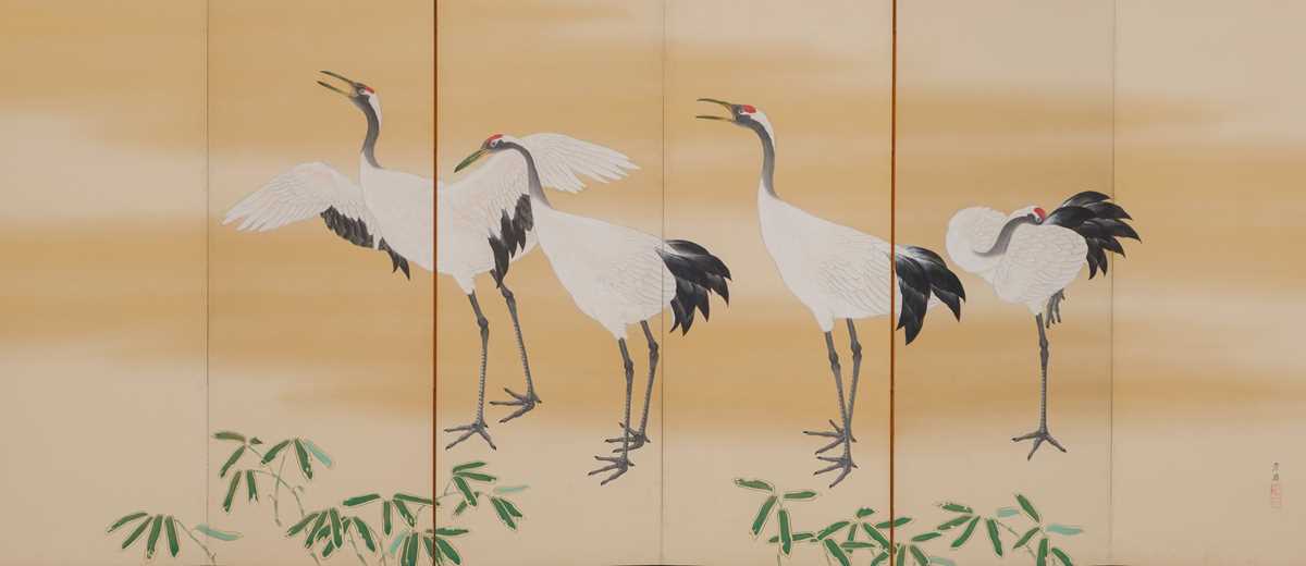 Lot 15 - A SIX-PANEL BYOBU (FOLDING SCREEN) DEPICTING CRANES