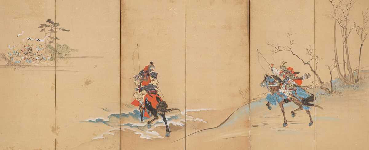 Lot 28 - A SIX-PANEL BYOBU (FOLDING SCREEN) DEPICTING THE RACE AT THE UJI RIVER