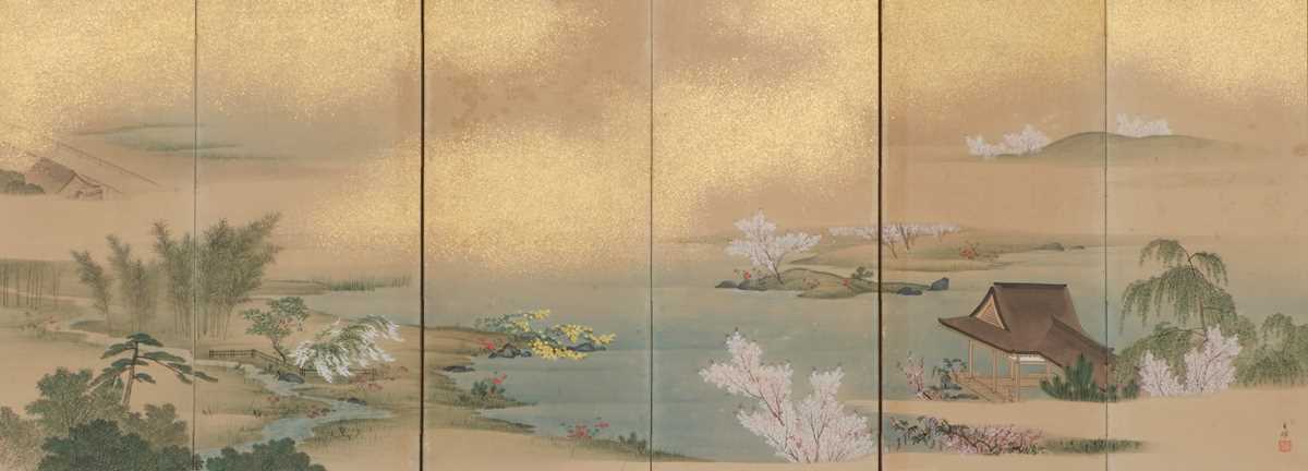 Lot 10 - A SIX-PANEL HINA-BYOBU (LOW FOLDING SCREEN) DEPICTING A SPRING AND SUMMER LANDSCAPE