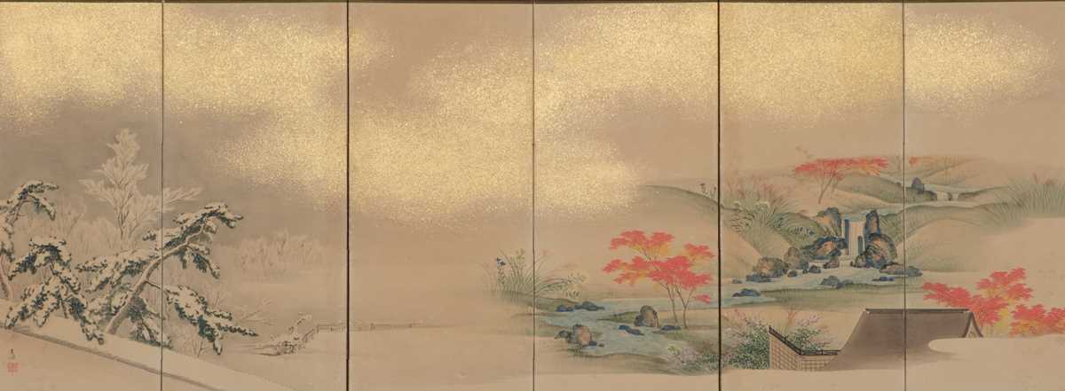 Lot 11 - A SIX-PANEL HINA-BYOBU (LOW FOLDING SCREEN) DEPICTING AN AUTUMN AND WINTER LANDSCAPE