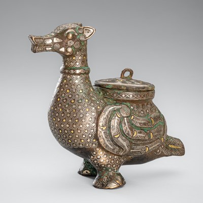 Lot 801 - AN ARCHAISTIC GOLD AND SILVER INLAID ‘MYTHICAL BIRD’ BRONZE CENSER