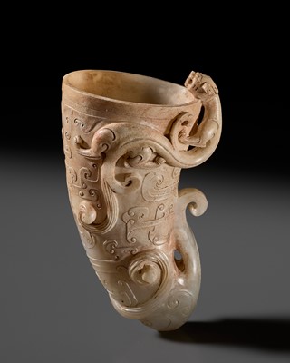 A SUPERB WHITE JADE ‘CHILONG’ RHYTON (GONG), HAN DYNASTY
