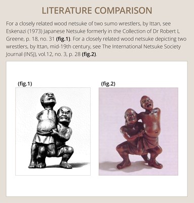 Lot 194 - ITTAN: A WOOD NETSUKE OF TWO SUMO WRESTLERS