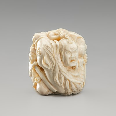 Lot 762 - ALEXANDER DERKACHENKO: A CONTEMPORARY MAMMOTH TUSK OF THREE SAMURAI IN COMBAT