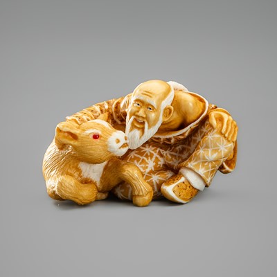 Lot 761 - ALEXANDER DERKACHENKO: A CONTEMPORARY MAMMOTH TUSK NETSUKE OF AN OLD MAN WITH AN OX