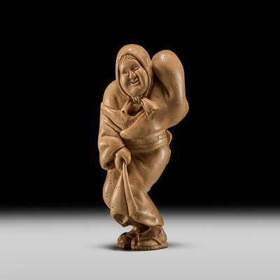 Lot 383 - ALEXANDER DERKACHENKO: A CONTEMPORARY WOOD NETSUKE OF OKAME