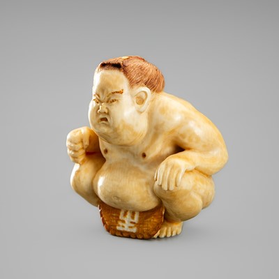 Lot 760 - ALEXANDER DERKACHENKO: A CONTEMPORARY MAMMOTH TUSK NETSUKE OF A SQUATTING SUMO WRESTLER