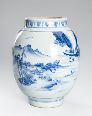 Lot 1195 - A BLUE AND WHITE PORCELAIN JAR WITH A LANDSCAPE, c. 1900s