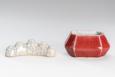 Lot 1168 - A LANGYAO GLAZED PORCELAIN BRUSH WASHER AND GUAN STYLE BRUSH REST, 19TH CENTURY