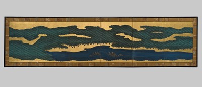 Lot 307 - A SIX-PANEL CHUGATA BYOBU (MEDIUM-SIZED FOLDING SCREEN) DEPICTING THE OVERVIEW OF A PINE FOREST