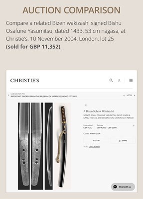 Lot 117 - YASUMITSU: A BIZEN WAKIZASHI IN KOSHIRAE