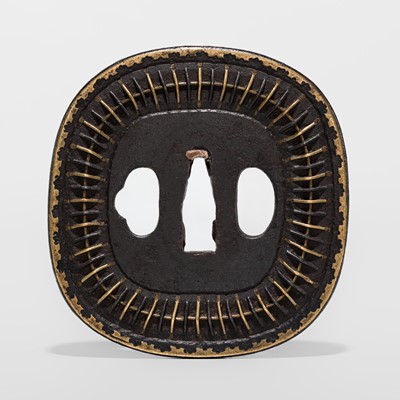 Lot 550 - A FINE IRON AND BRASS SHINGEN MUKADE TSUBA, WITH NBTHK HOZON TOSOGU CERTIFICATE