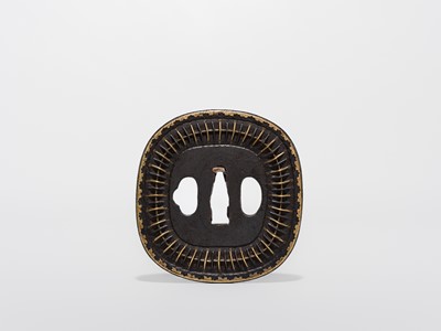 Lot 550 - A FINE IRON AND BRASS SHINGEN MUKADE TSUBA, WITH NBTHK HOZON TOSOGU CERTIFICATE