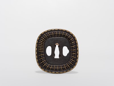 Lot 550 - A FINE IRON AND BRASS SHINGEN MUKADE TSUBA, WITH NBTHK HOZON TOSOGU CERTIFICATE