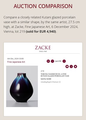 Lot 236 - TOKUDA YASOKICHI III: A FINE AND LARGE KUTANI GLAZED PORCELAIN VASE