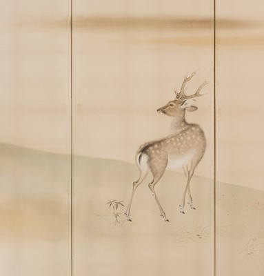 Lot 316 - HATANO ICHIGAKU: A SUPERB PAIR OF SIX-PANEL FOLDING SCREENS DEPICTING A HERD OF DEER