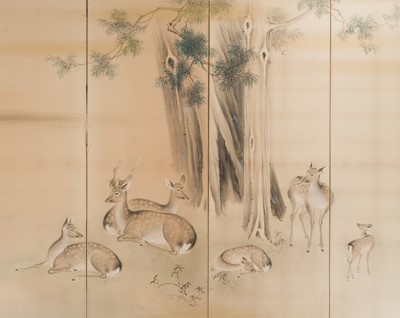 Lot 316 - HATANO ICHIGAKU: A SUPERB PAIR OF SIX-PANEL FOLDING SCREENS DEPICTING A HERD OF DEER