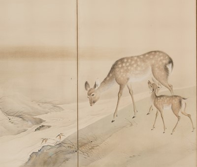 Lot 316 - HATANO ICHIGAKU: A SUPERB PAIR OF SIX-PANEL FOLDING SCREENS DEPICTING A HERD OF DEER