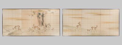 Lot 316 - HATANO ICHIGAKU: A SUPERB PAIR OF SIX-PANEL FOLDING SCREENS DEPICTING A HERD OF DEER