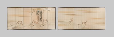 Lot 316 - HATANO ICHIGAKU: A SUPERB PAIR OF SIX-PANEL FOLDING SCREENS DEPICTING A HERD OF DEER