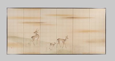 Lot 316 - HATANO ICHIGAKU: A SUPERB PAIR OF SIX-PANEL FOLDING SCREENS DEPICTING A HERD OF DEER
