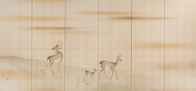Lot 316 - HATANO ICHIGAKU: A SUPERB PAIR OF SIX-PANEL FOLDING SCREENS DEPICTING A HERD OF DEER