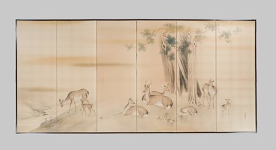 Lot 316 - HATANO ICHIGAKU: A SUPERB PAIR OF SIX-PANEL FOLDING SCREENS DEPICTING A HERD OF DEER