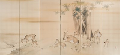 Lot 316 - HATANO ICHIGAKU: A SUPERB PAIR OF SIX-PANEL FOLDING SCREENS DEPICTING A HERD OF DEER