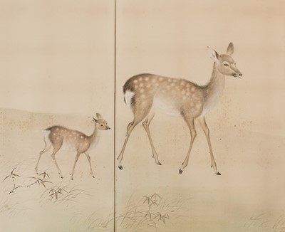 Lot 316 - HATANO ICHIGAKU: A SUPERB PAIR OF SIX-PANEL FOLDING SCREENS DEPICTING A HERD OF DEER