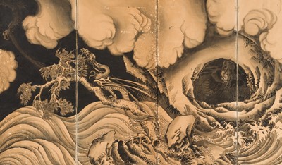LIN TAIXI: A SUPERB PAIR OF SIX-PANEL BYOBU (FOLDING SCREENS) DEPICTING DRAGONS IN A THUNDERSTORM