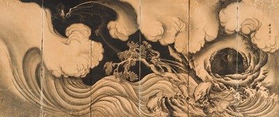 LIN TAIXI: A SUPERB PAIR OF SIX-PANEL BYOBU (FOLDING SCREENS) DEPICTING DRAGONS IN A THUNDERSTORM