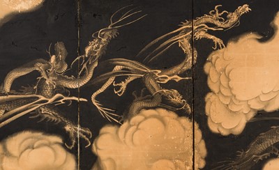 LIN TAIXI: A SUPERB PAIR OF SIX-PANEL BYOBU (FOLDING SCREENS) DEPICTING DRAGONS IN A THUNDERSTORM