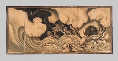 LIN TAIXI: A SUPERB PAIR OF SIX-PANEL BYOBU (FOLDING SCREENS) DEPICTING DRAGONS IN A THUNDERSTORM