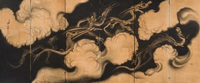 LIN TAIXI: A SUPERB PAIR OF SIX-PANEL BYOBU (FOLDING SCREENS) DEPICTING DRAGONS IN A THUNDERSTORM