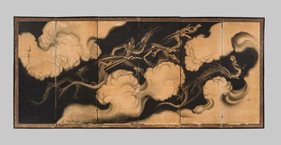 LIN TAIXI: A SUPERB PAIR OF SIX-PANEL BYOBU (FOLDING SCREENS) DEPICTING DRAGONS IN A THUNDERSTORM